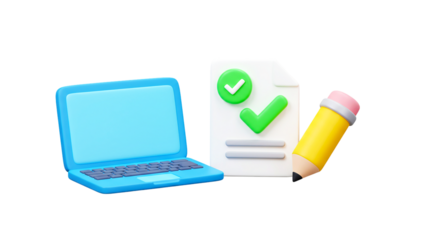 A laptop next to a document with check marks and a pencil in a cartoonish style illustration png