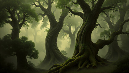 A misty forest with large, old trees and visible roots. Sunlight filters through the dense canopy, creating a serene and slightly mysterious atmosphere.