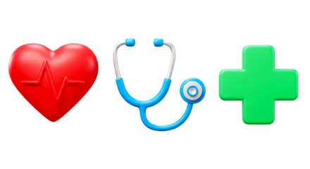 A red heart with a line, a blue stethoscope and a green plus sign on a black background image view png