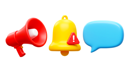 A red megaphone, a yellow bell with a red exclamation mark, and a blue speech bubble on black background png