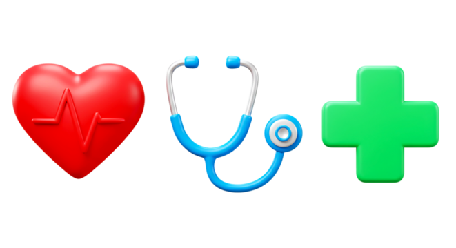 A red heart with a line, a blue stethoscope and a green plus sign on a black background image view png - Powered by Adobe