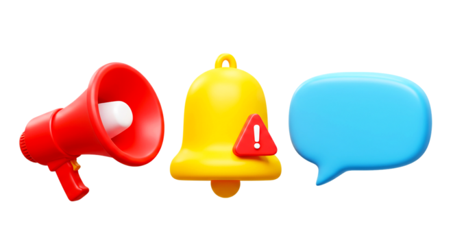 A red megaphone, a yellow bell with a red exclamation mark, and a blue speech bubble on black background png