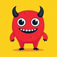 Fototapeta premium A smiling cartoon red devil monster with black horns and feet