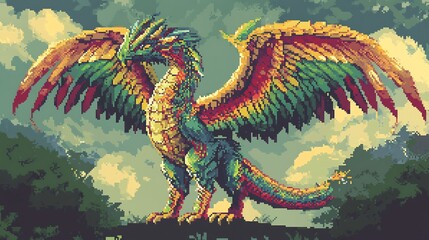 Illustrated pictogram of a legendary winged reptile blending 90s pixel art aesthetics with ancient mythological themes