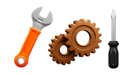 A wrench with orange handle, two gears, and a screwdriver on a black background in a studio shot png