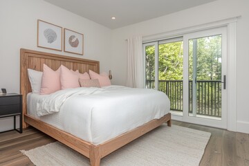 Comfortable bedroom featuring a wooden bed with an outdoor view