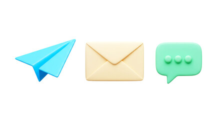 A paper airplane, envelope, and speech bubble icons on a black background in a digital rendering png
