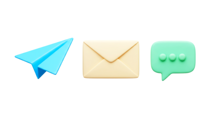 A paper airplane, envelope, and speech bubble icons on a black background in a digital rendering png