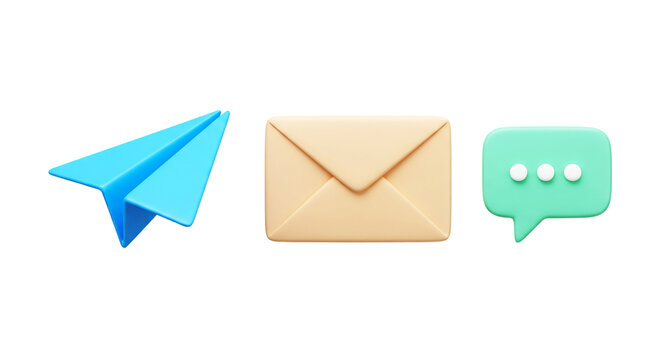 Three dimensional paper airplane envelope and chat bubble on a black background render concept png