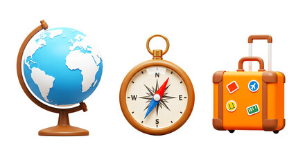 A globe compass and suitcase on a black background representing travel and exploration theme neatly arranged png © Menomoin Joseph