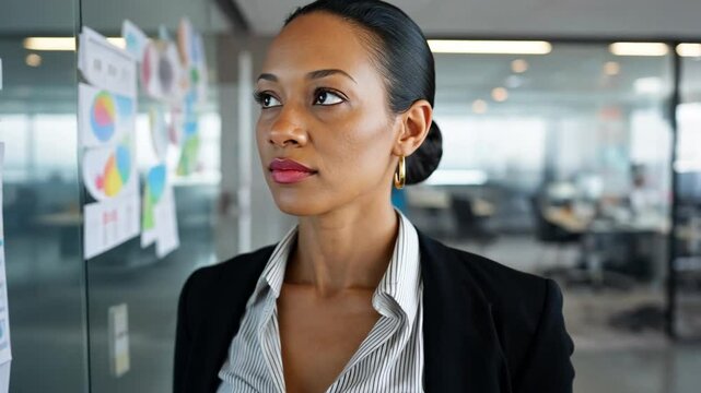 Strategic Vision: A determined professional woman gazes intently at strategy documents, embodying focus and ambition within a contemporary work environment.