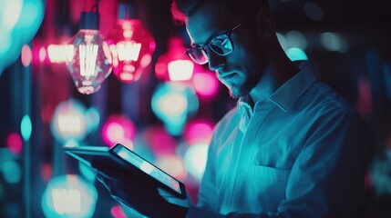 Man Using Tablet in Vibrant Neon Light Business Atmosphere at Night