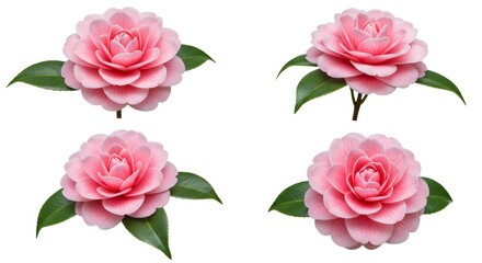 Naklejka premium Four elegant pink camellia flowers isolated against a pristine white backdrop