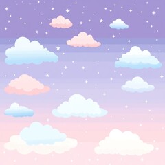 Pastel sky with fluffy clouds and sparkling stars is visible