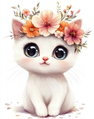 A cute white kitten wearing a floral crown is depicted here