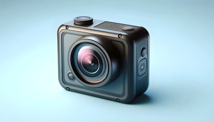 High-performance blank action camera in clear casing, no logo, isolated. isolated on a soft blue background, portable tech equipment photography