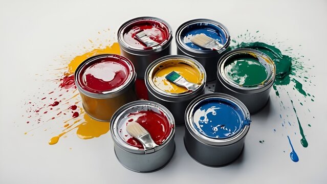 Top View of Open Paint Buckets and Brushes Isolated on White