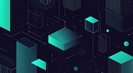 Abstract geometric illustration of various cubes and lines on a dark background