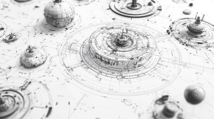 Abstract Technical Diagram with Spheres and Geometric Shapes