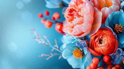 Stunning floral arrangement, burst of color on tranquil blue background vibrant