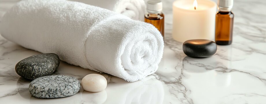 Beauty spa treatment with candles, A tranquil spa setup with rolled towels, essential oils, candles, and smooth stones, promoting relaxation and wellness.