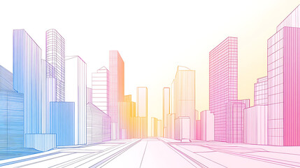 A city skyline with buildings in different colors