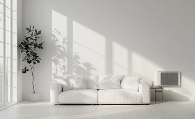Fototapeta premium A minimalist white interior featuring a modern sofa and plant