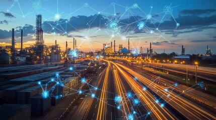 Smart factory at sunset with highway and network.