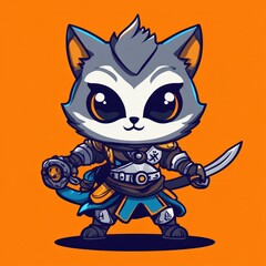 A cartoon cat warrior stands ready with a sword for battle