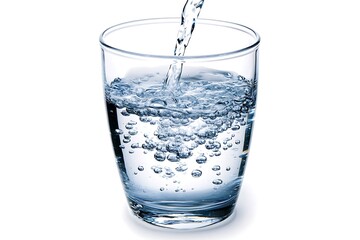 Water Pouring into Glass with Bubbles, Fresh Liquid, Clear Container, White Background