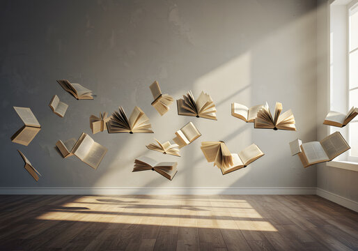 Magical Floating Books Over Cloudlike Background
