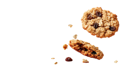 Freshly baked crumbly oatmeal raisin cookies falling on a white background with scattered crumbs and a rustic homemade appearance