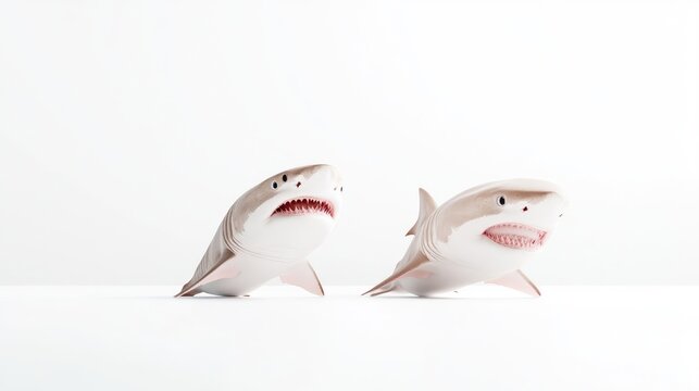 Two sand tiger sharks are shown facing the viewer against a bright white background. The sharks are positioned slightly apart, creating a simple composition. The image is high quality with even ligh