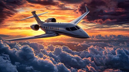 Modern aircraft soaring through sunset sky sleek aerodynamic design professional aviation artwork