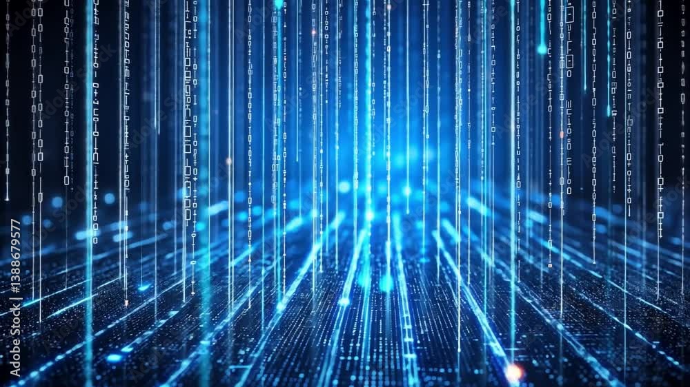 Poster digital flow: a captivating digital display of flowing binary code, with shimmering blue lights and 
