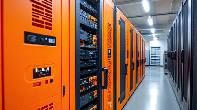 Rows of servers arranged in a data center facility
