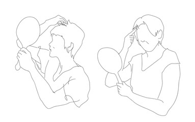 手鏡を見て白髪を気にする女性2人　シンプルな手描き　ラインイラスト　ベクターイラスト素材セット　背景透過,