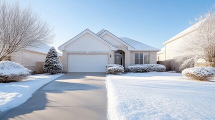 A modern white house with snow-covered driveway and yard, clear blue sky, winter residential scene, and serene suburban neighborhood.
