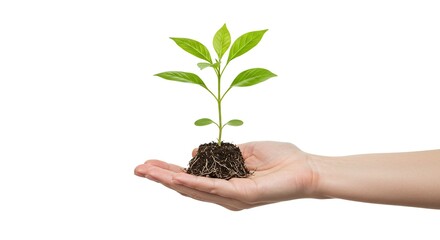Hand holding young green plant with soil and roots isolated on white background, symbol of growth, sustainability, and environmental care
