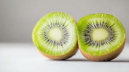 Two kiwi fruit halves are shown, cut sides facing the viewer. Their vibrant green flesh and tiny black seeds are clearly visible. The simple composition features a bright white background. The image