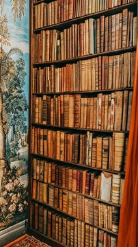 Old library shelves filled with antique books and vintage wallpaper in a historic setting
