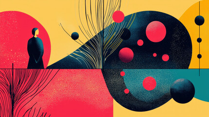 Abstract Illustration of Solitary Figure Surrounded by Vibrant Organic Shapes and Lines for Promoting Animal Welfare Initiatives and Awareness