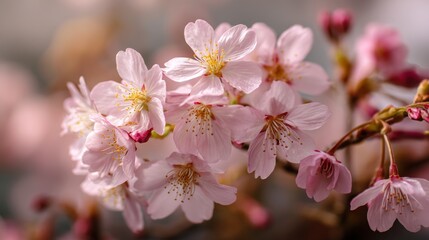 Fototapeta premium Delicate cherry blossoms in full bloom, showcasing their intricate petals and vibrant colors, capturing the essence of spring's ephemeral beauty.