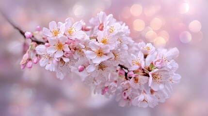 Fototapeta premium Delicate pink sakura blossoms cascade gracefully against a softly blurred background, whispering of spring's gentle touch. A moment of peace.