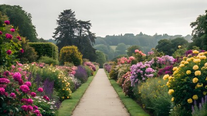 Fototapeta premium A Beautiful Garden Scene Showcasing a Pathway Bordered by Lush, Colorful Flowers 