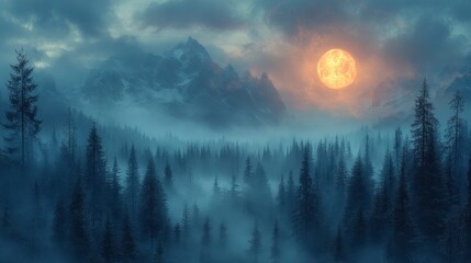 Fototapeta premium Mountainous landscape. Trees in foggy forest, illuminated sky with golden moon