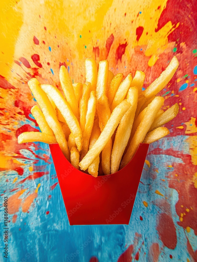 Poster Golden crispy french fries in a vibrant red container with colorful splashes create an energetic food experience
