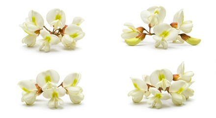 Naklejka premium Delicate arrangement of four acacia flower posies on a pristine white canvas