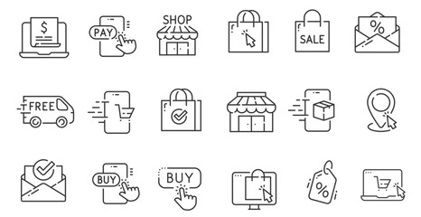Set of shopping icons. Сollection of web icons for online store, such as discounts, delivery, contacts, payment, app store, location, shopping cart. Editable vector stroke 
