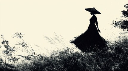 Woman in conical hat walks through tall grass, peaceful landscape, Asian aesthetic, fashion